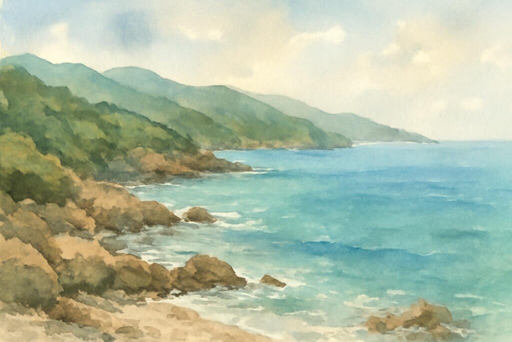 Illustration: Hilly Elba coastline with rocky shoreline and calm sea.