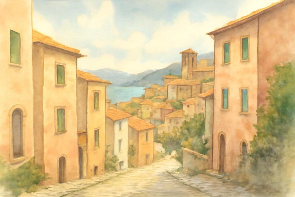 Illustration: winding hill town street on Elba with stone buildings and a distant view